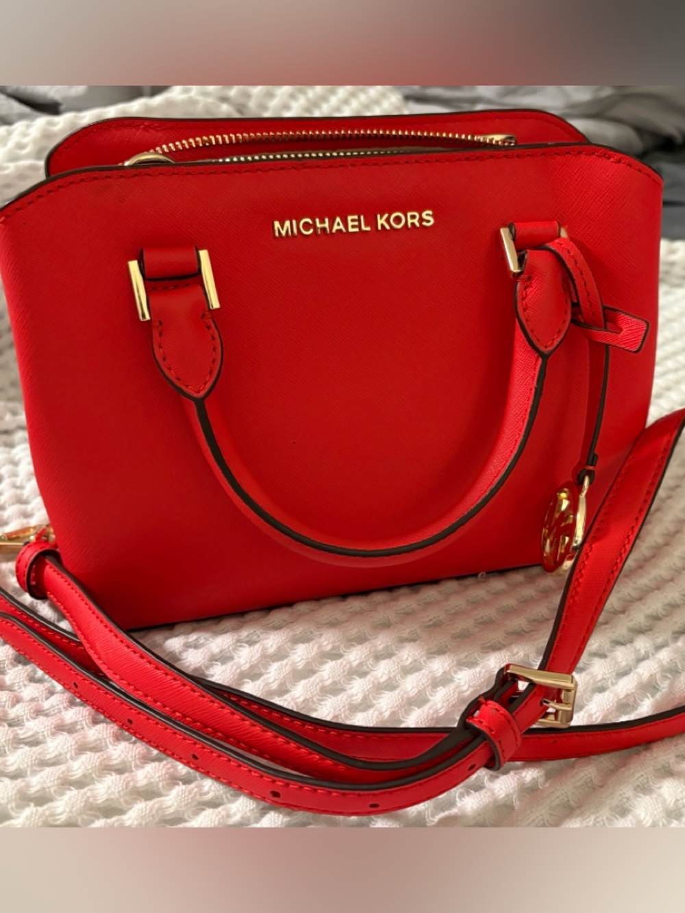 Michael Kors Red Crossbody Satchel with Gold Hardware